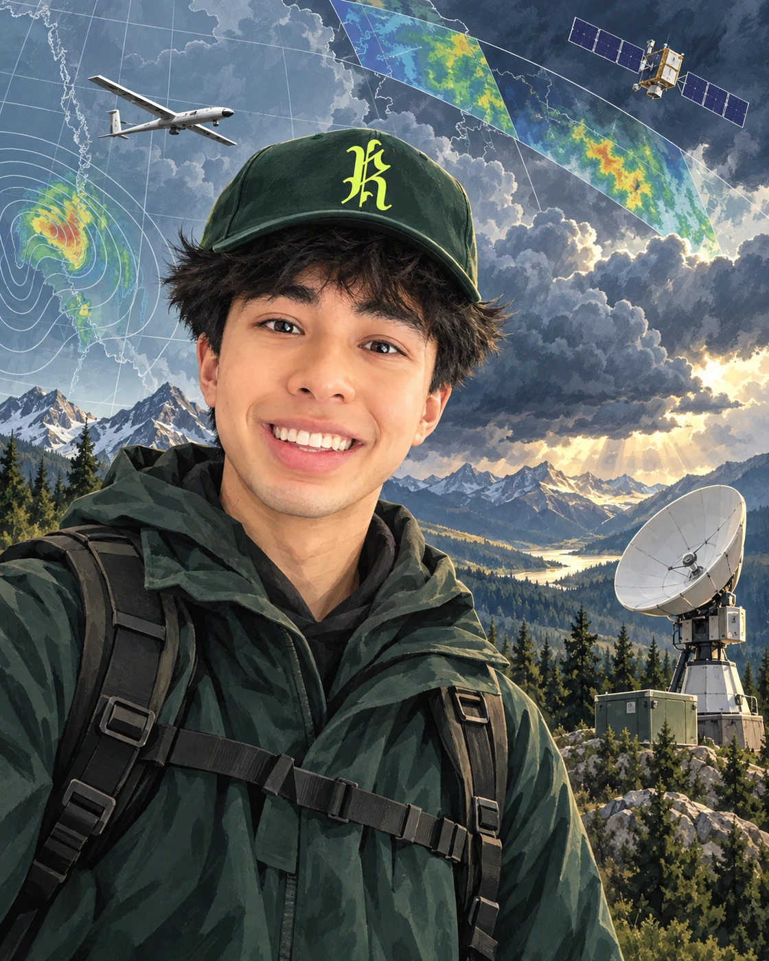 Illustration of Nayel wearing a Rainmaker cap in a satellite weather sensing scene
